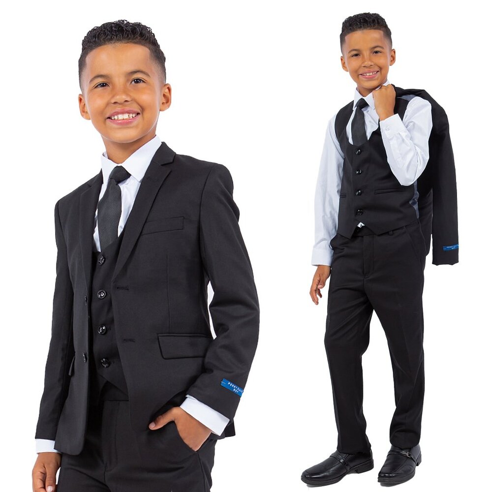 5-Piece Perry Ellis Portfolio Boys Slim Fit Solid Suit, Black